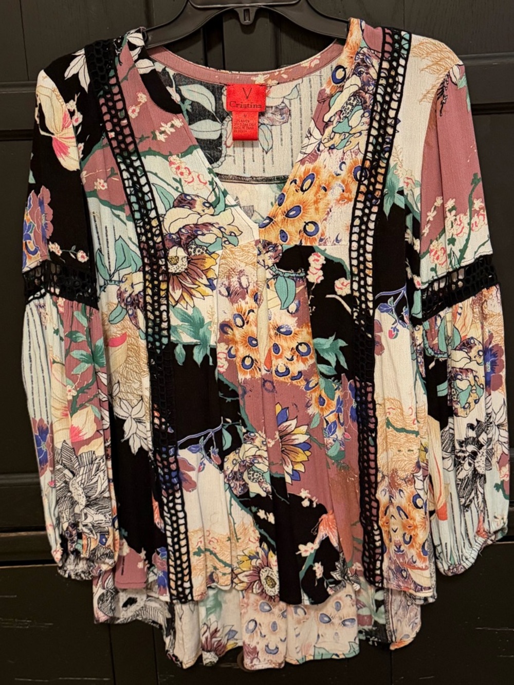 V Cristina Pink Black Floral Patchwork Peasant Blouse